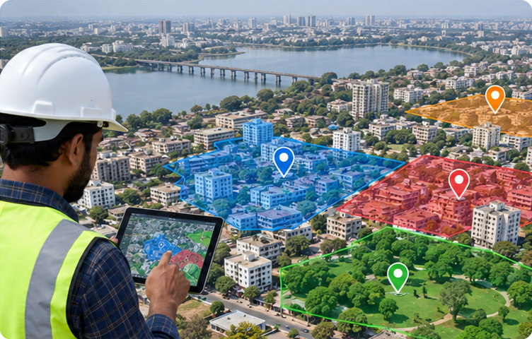 Surveyor using a tablet over a city map with GIS zones marked (illustrative image)